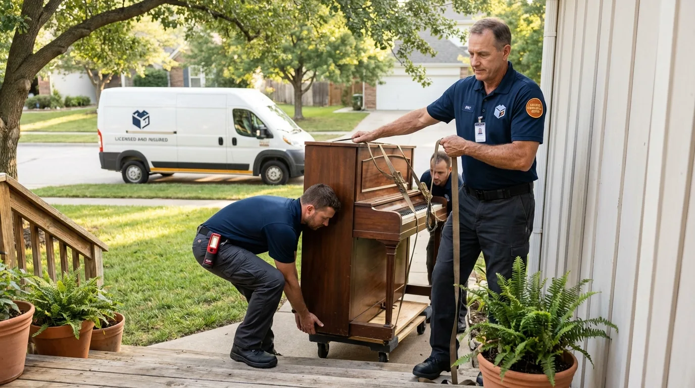 Licensed piano movers securing grand piano in Lisbon, OH